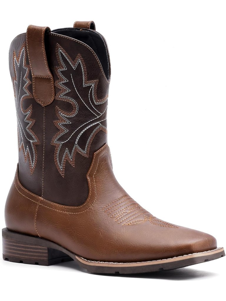Men's Brown Faux Leather Slip On Square Toe With Classic Embroidered Cowboy Boot